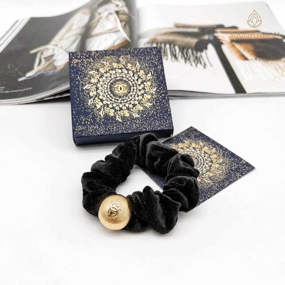 Chanel Beaute VIP Christmas Velvet Scrunchie Gold CC Medallion Hair Tie NIB